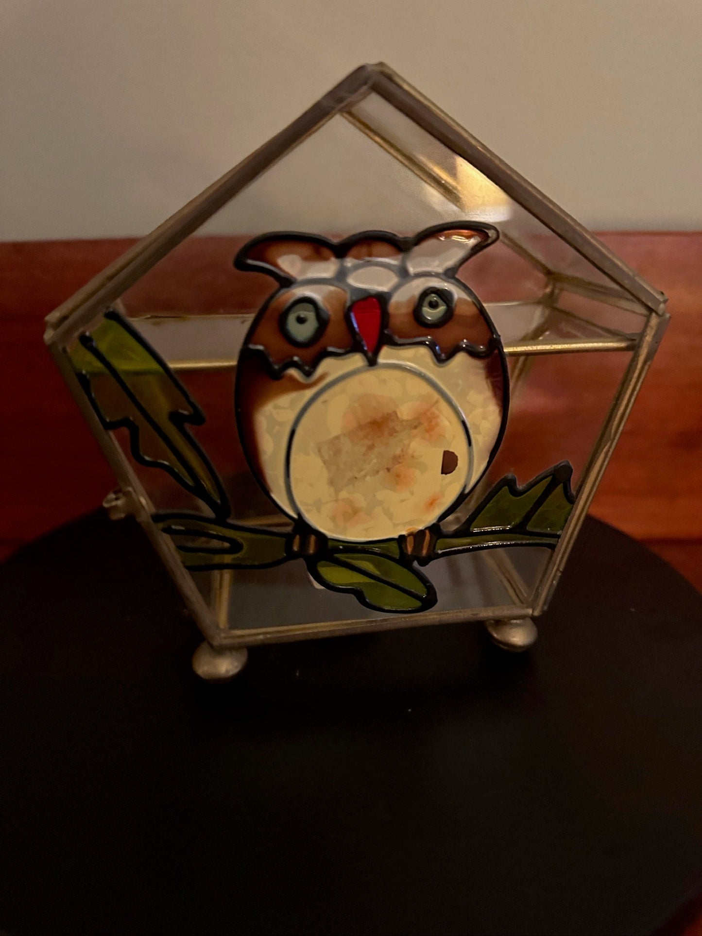 Vintage Stained Glass Owl Trinket Box: Brass & Glass