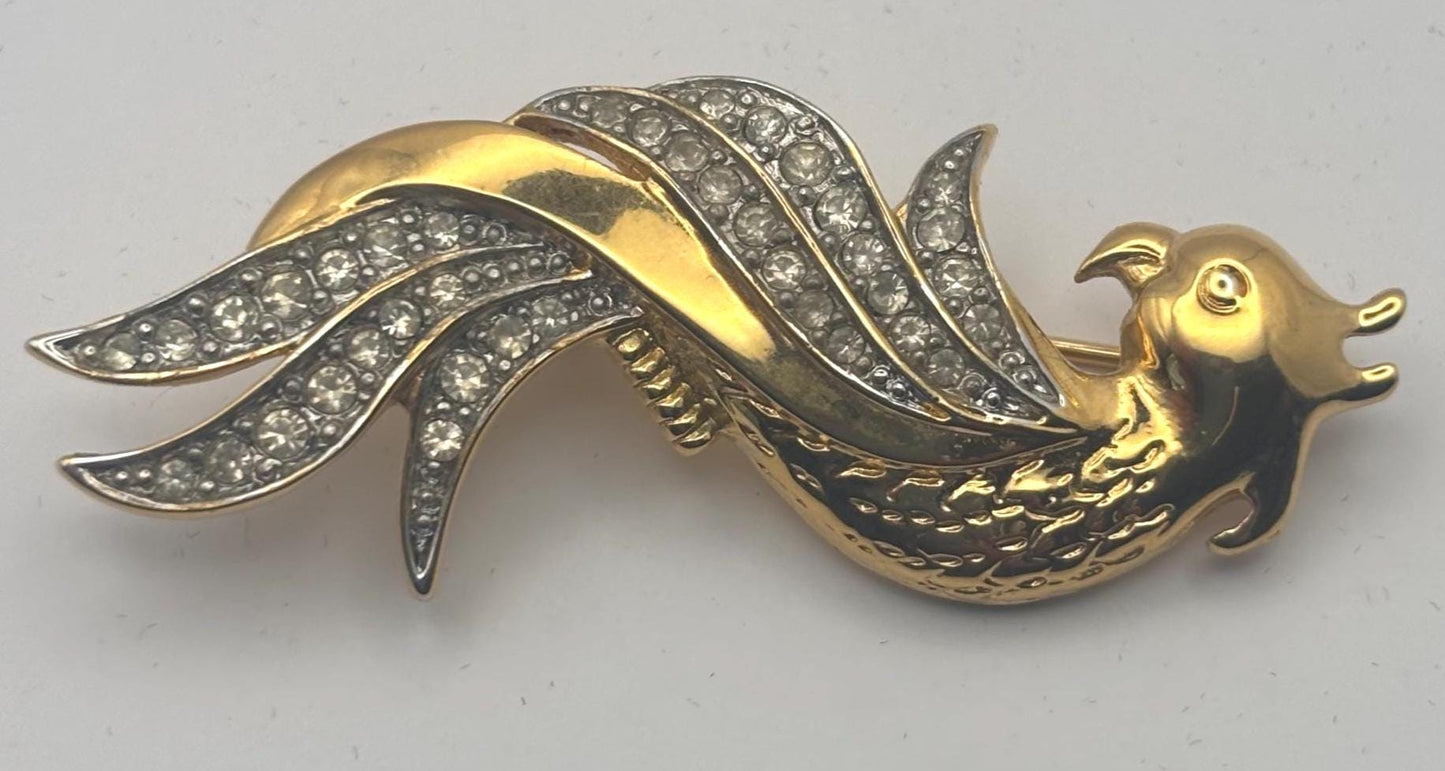 Van Dell Gold Rhinestone Parrot Brooch