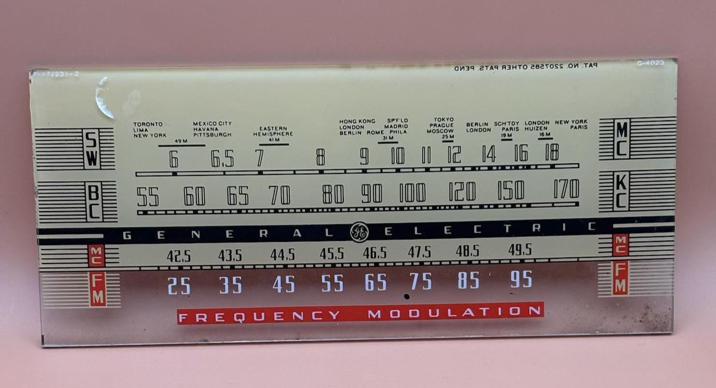 GE Radio Glass Fronts, General Electric Model J-62 Tube Radio Dial, Replacement Part