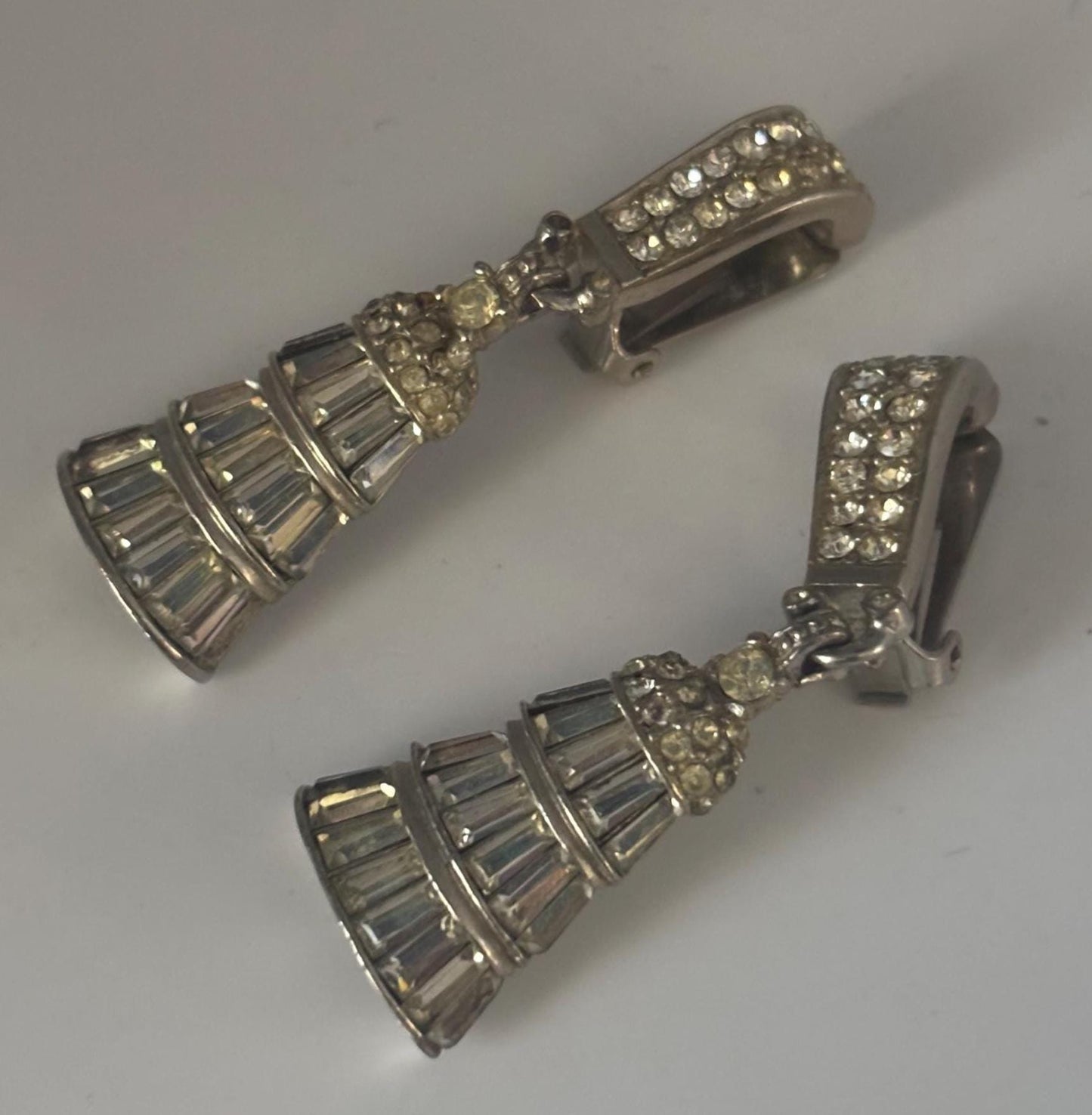 Pennino Rhinestone Earrings, Silver Three Tiered Baguette Cut Design, Bell Shaped
