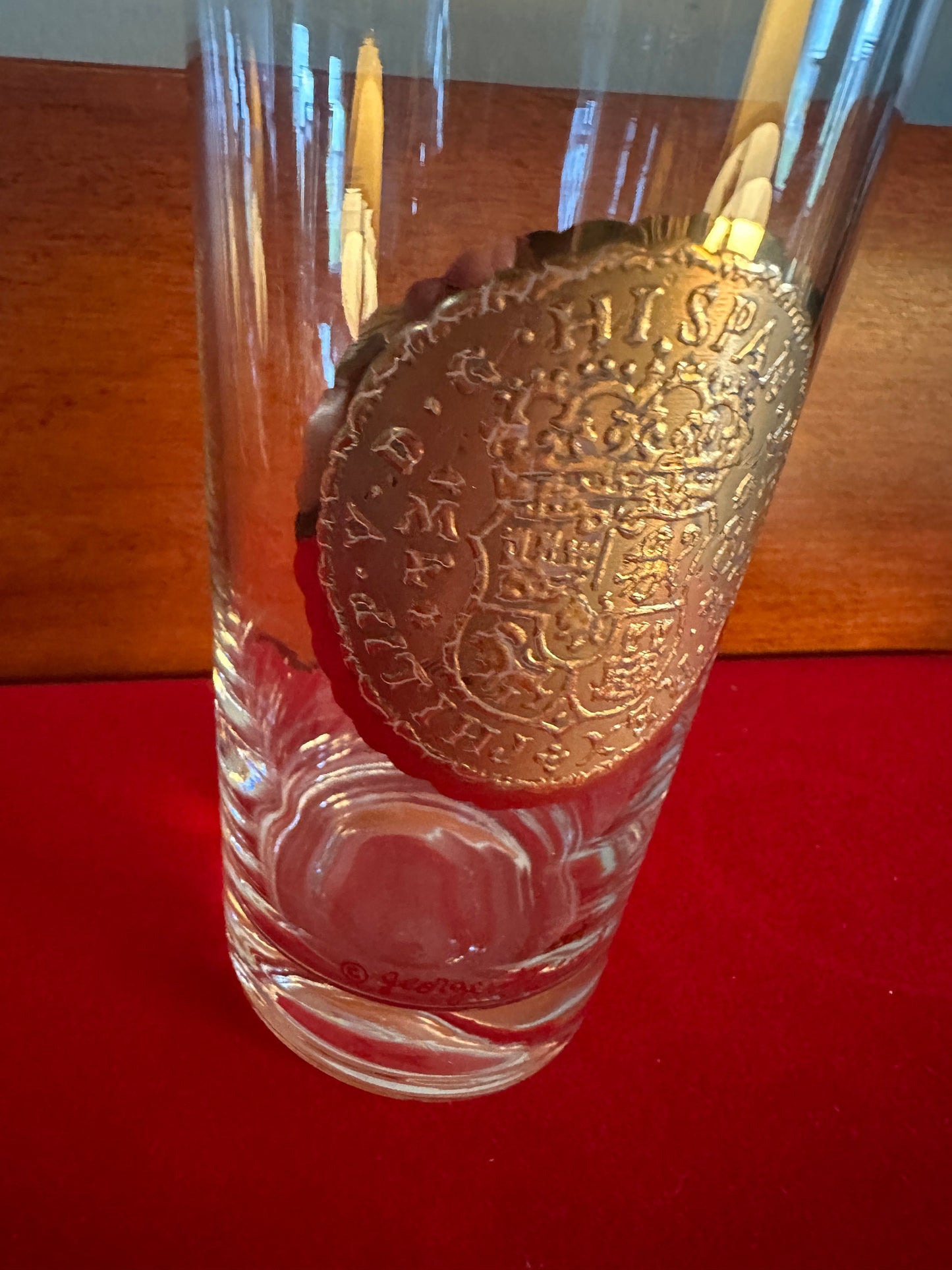 Vintage Georges Briard 24K Gold 5 1/2” Glass, 24K Glass High Ball Glass Dubloon Coin Design, Lover Antiques and Vintage
