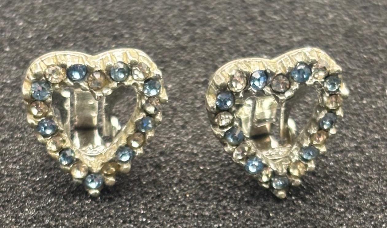 Vintage Silver Heart Rhinestones Earrings Lover Antiques and Vintage