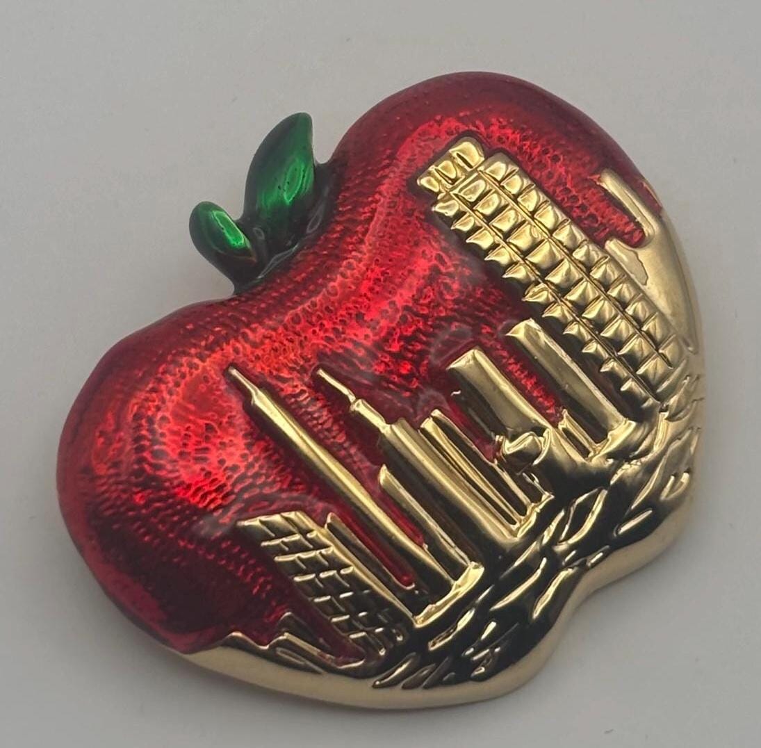 Vintage Apple with NYC Skyline Pin Brooch Lover Antiques and Vintage