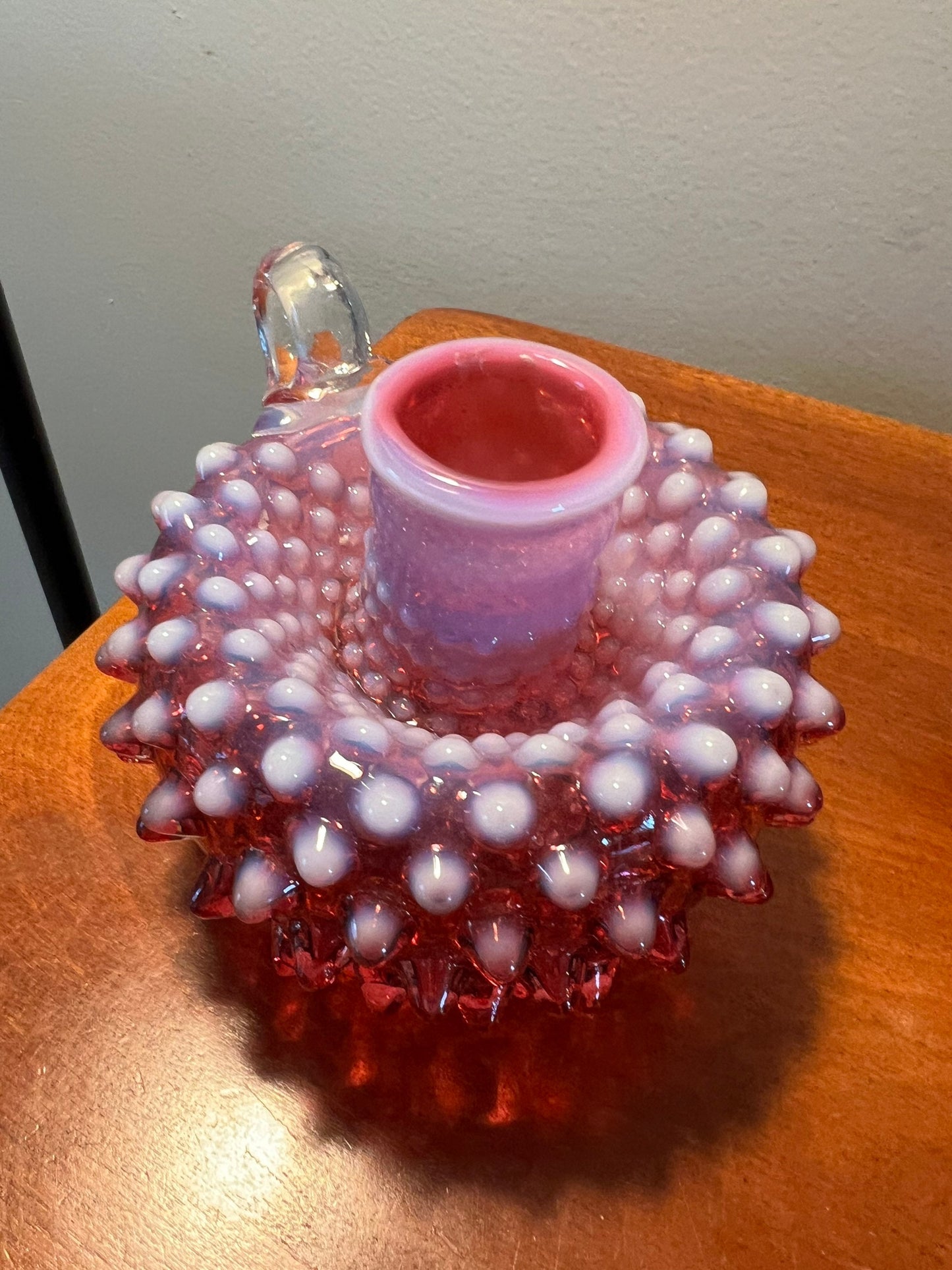 Vintage Fenton Cranberry Opalescent Hobnail Candleholder Pair Art Glass Pink Rose vintage
