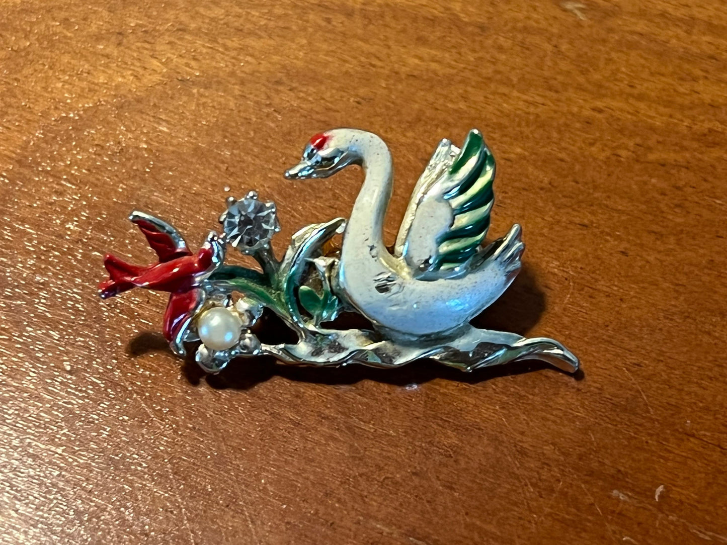 Vintage Silver Swan and Red Bird enamel pin brooch brooches pins estate jewelry Lover Antiques and Vintage