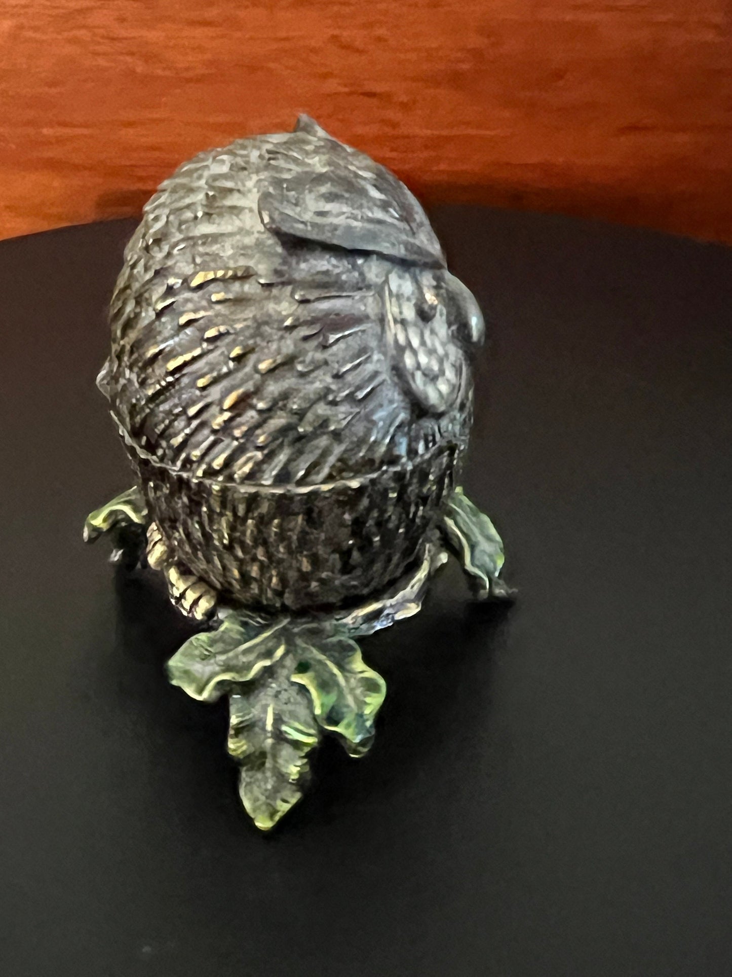 Vintage Owl Trinket Box: Jeweled Metal Owl on Leaf Stand