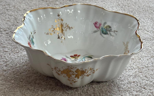 Antique German Dresden Scalleoped With Gold Trim, Ruffled Serpentine Floral Butterfly Bowl, Gold Gilded Plate, Lover Antiques and Vintage