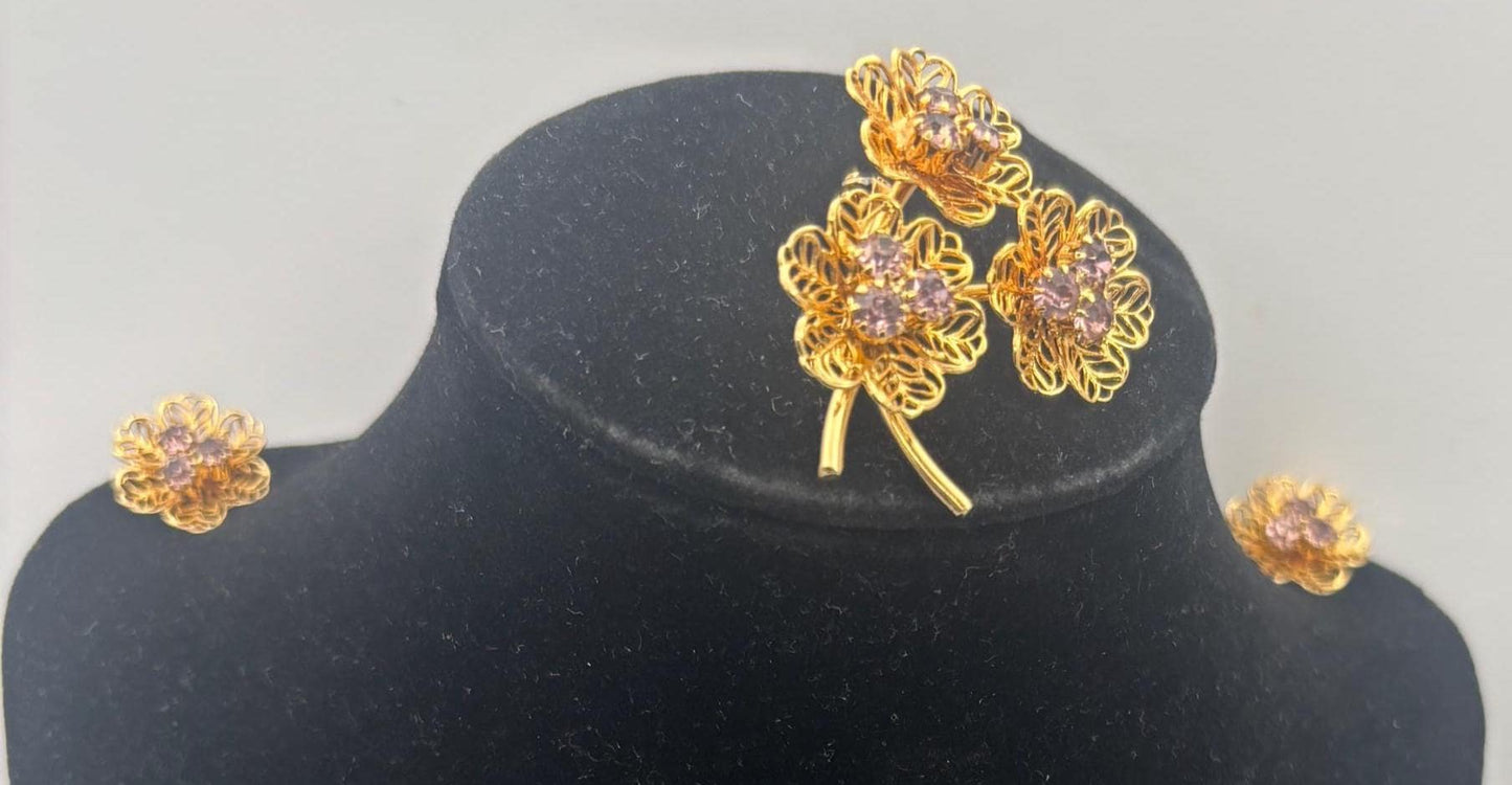 Sarah Coventry Allusion Gold Filligree Flower Brooch & Matching Earrings