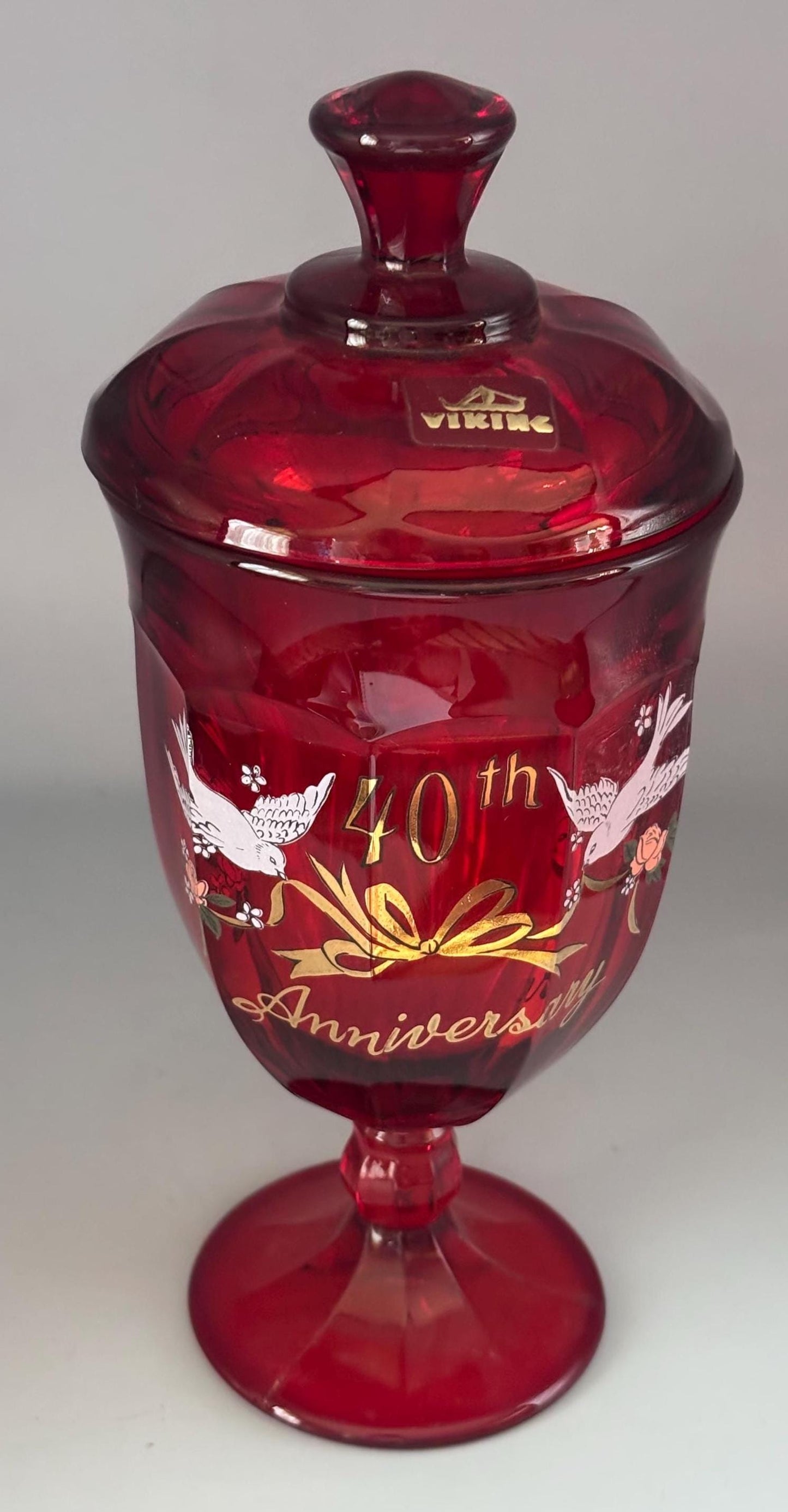 Viking Glass Ruby Red 40th Anniversary Glass Covered Candy Dish Lover Antiques and Vintage