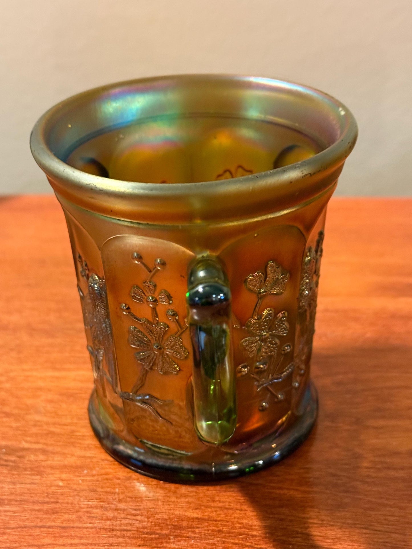 Antique Northwood Singing Birds Green Carnival Glass Mug Cup with Handle Lover Antiques and Vintage