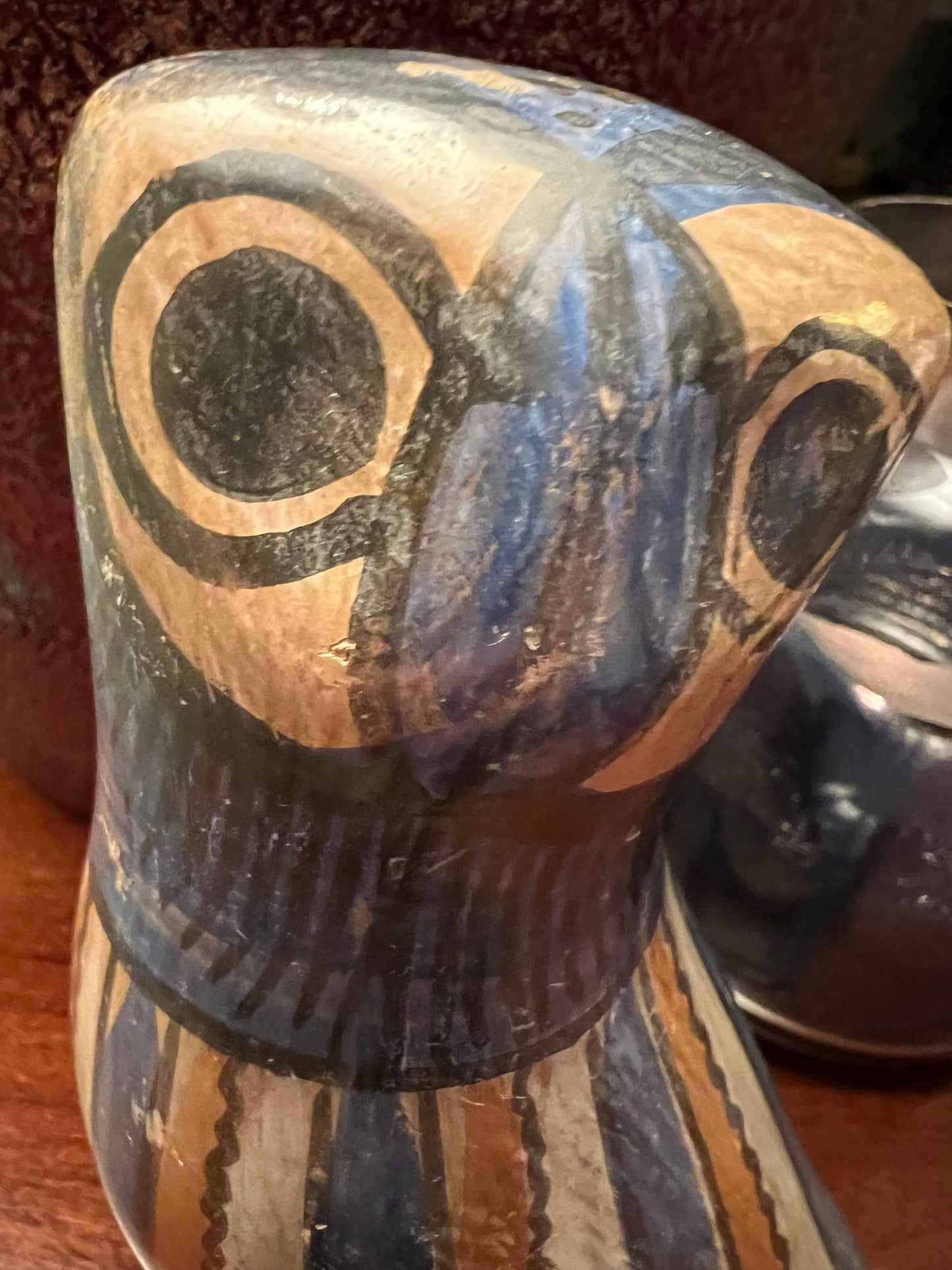Vintage Tonala Pottery Owl: Red, White, and Blue Mexican Folk Art
