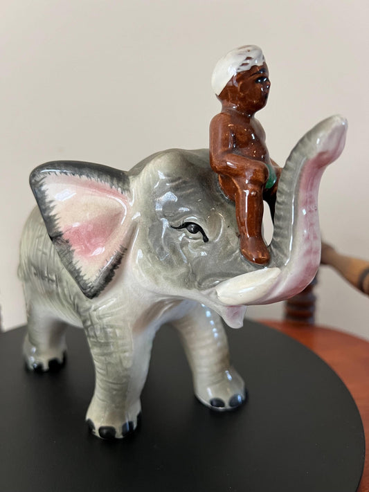 Vintage Ceramic Elephant Figurine: Trunk Up, Man Rider, Made in Japan