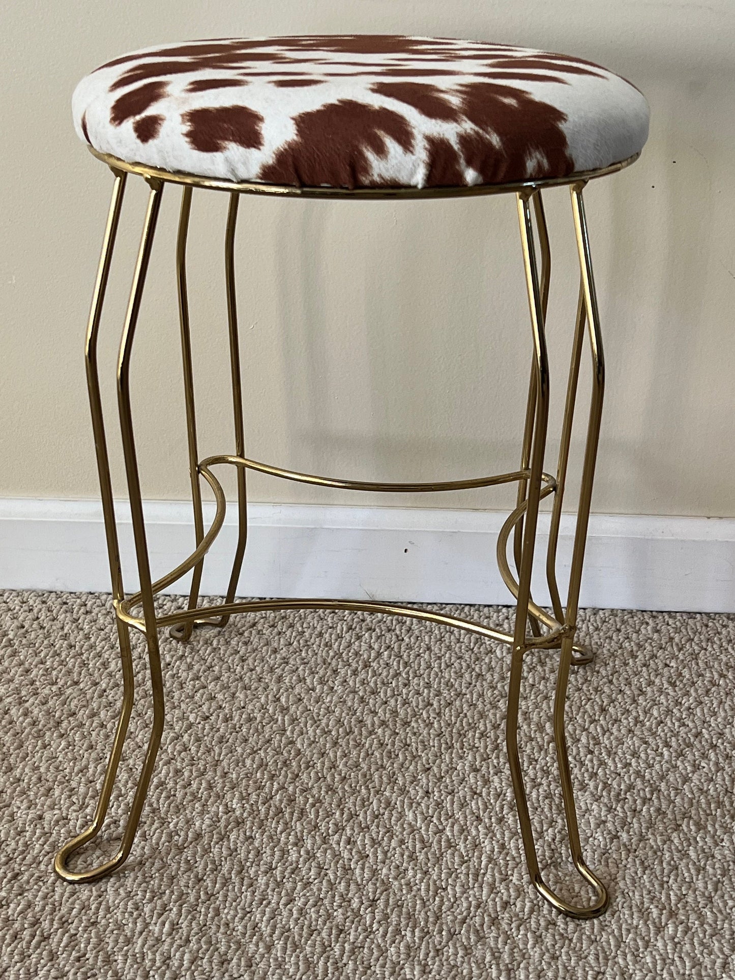 Mid Century Modern Cowhide and Brass Chair Stool Modern Ottoman with Cowhide Steerhorn Photographer’s Seat Lover Antiques and Vintage