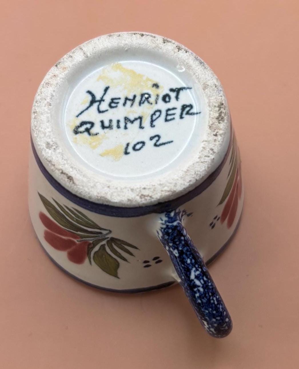 Antique Henriot Quimper Pottery Tea Cup and Saucer Made in France Number 102 Flower Motif Blue and Rose Lover Antiques