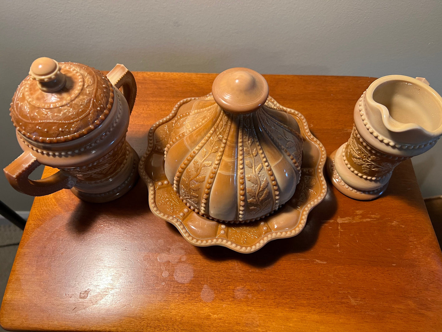 Vintage Summit Art Chocolate Slag Glass Butter Dish, Sugar, Creamer Set