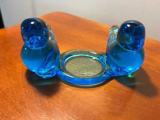 Vintage Pair Double Bluebird of Happiness with Candle Holder blue glass art signed by Ron Ray 1992 birds bird