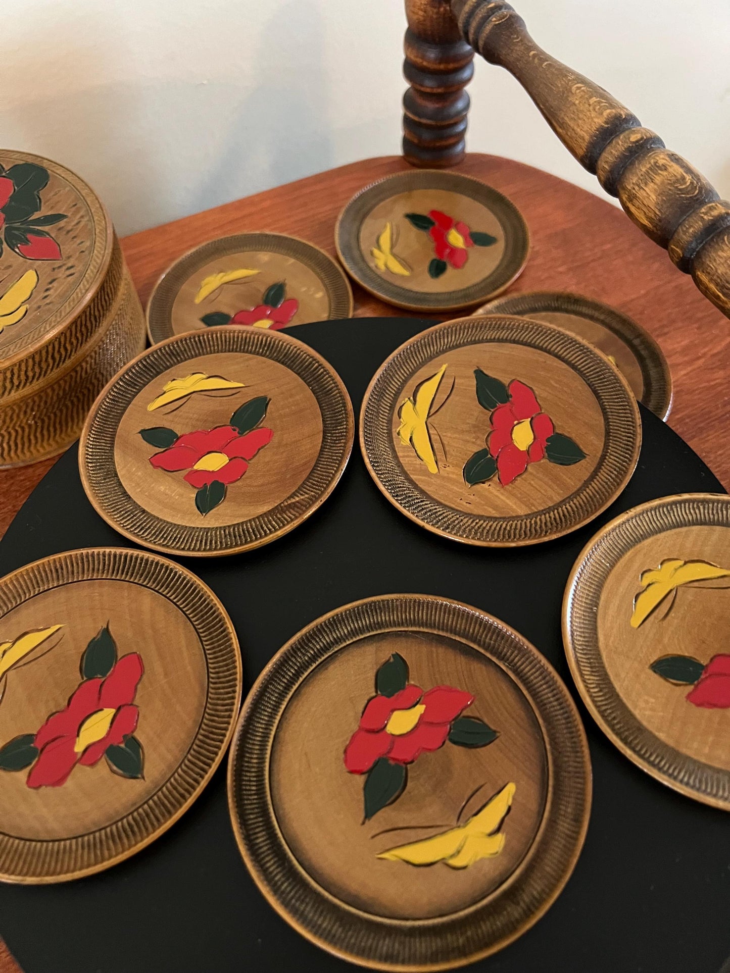 Vintage Japanese Wood Coaster Set: Hand-Painted Floral Box