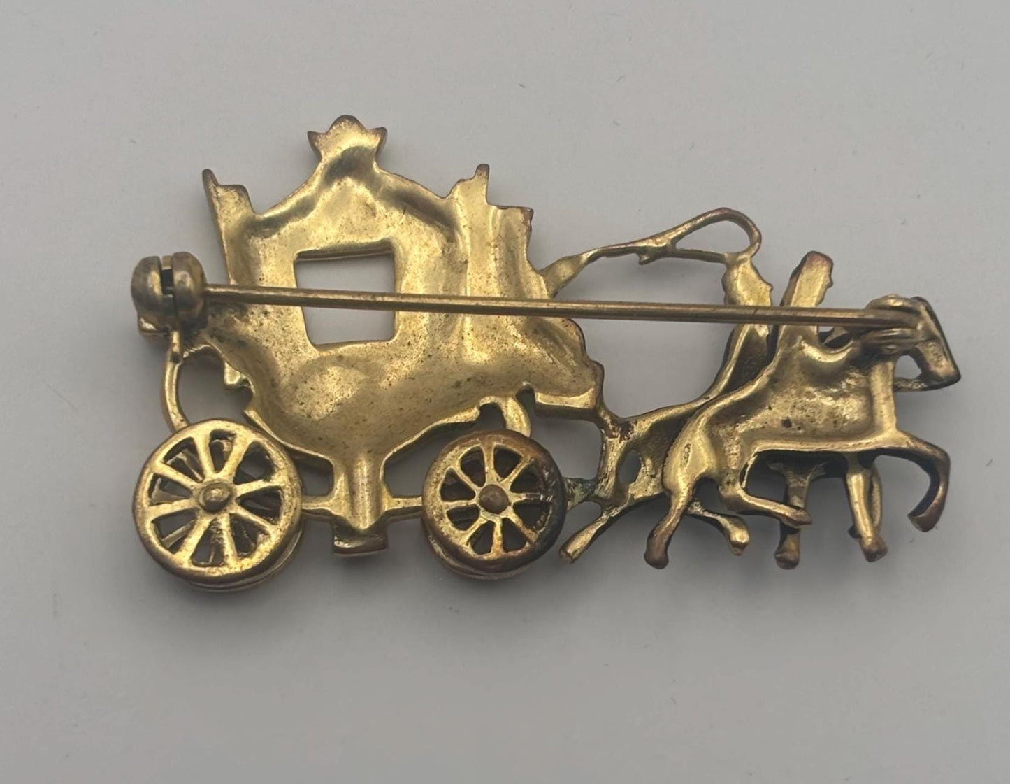 Vintage Carriage Stagecoach Horse Pin Black Enamel Gold Brooch Lover Antiques and Vintage