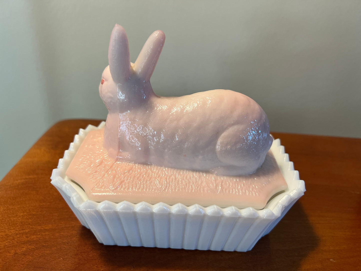 Vintage Westmoreland Hand Painted Pink Over White Milk Glass Nesting Bunny 2 Piece Trinket Box Dish Glass Art Lover Antiques and Vintage