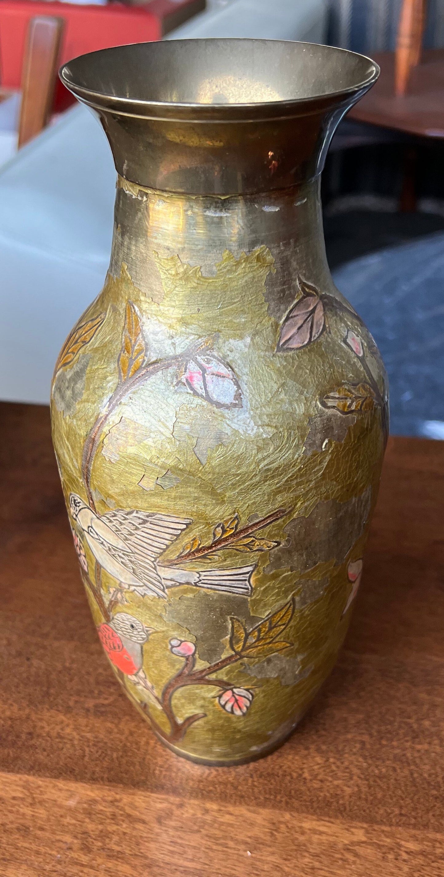 Antique chinese bronze vase hand painted and engraved with colorful birds on blooming tree