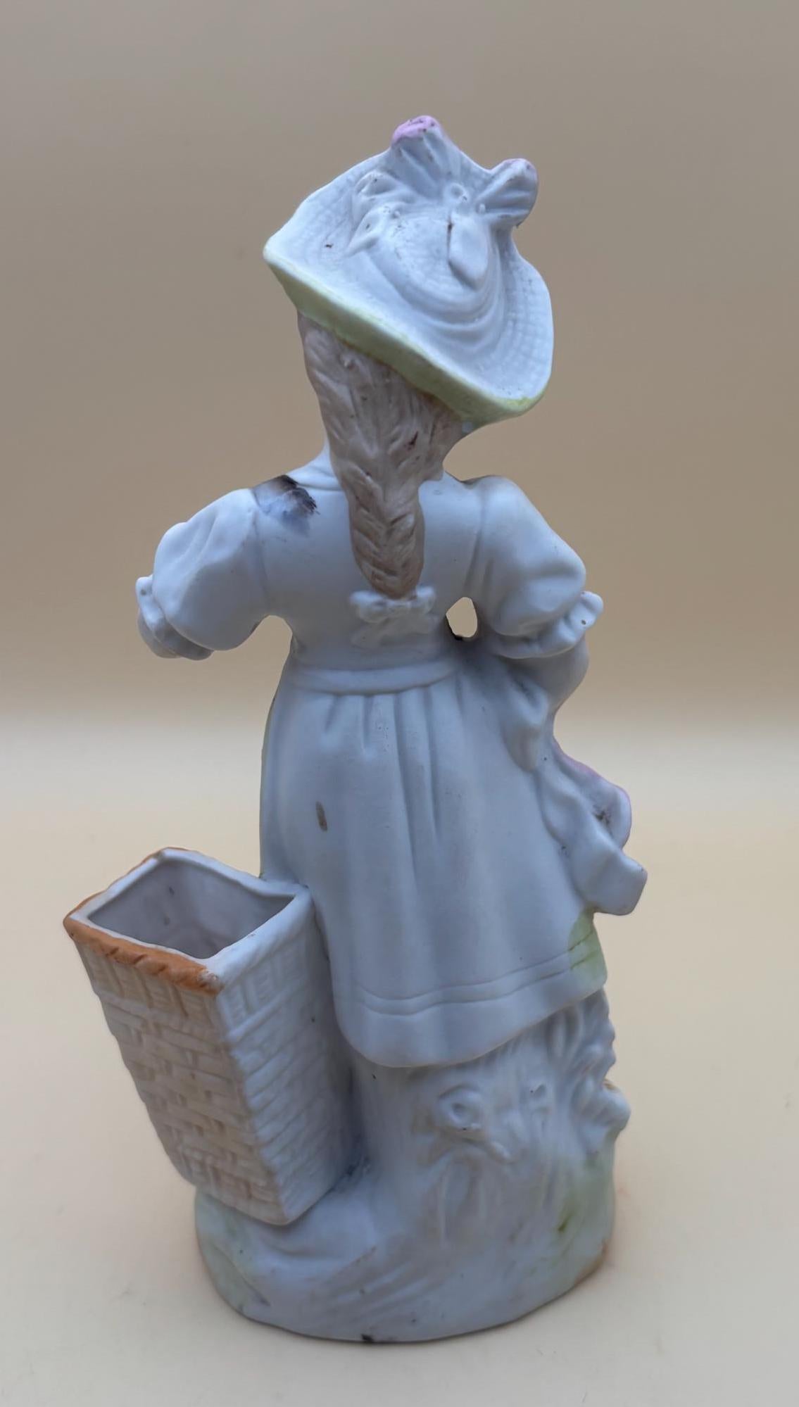 Antique Meissen Porcelain Woman with Broom and Flower Basket Statue Germany Hand Painted Figurine Lover Antiques and Vintage