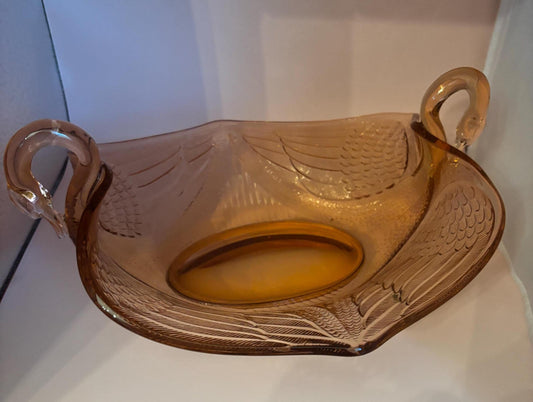 Vintage Fenton Peach Depression Glass Swan Platter Bowl Swan Handles & Feather Design Lover Antiques and Vintage