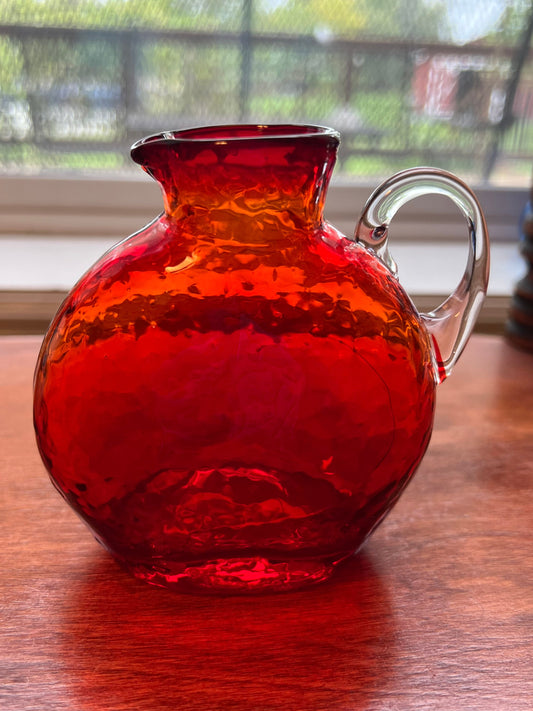 Vintage Crackle Amber Art Glass Colored Pitcher with handle red orange