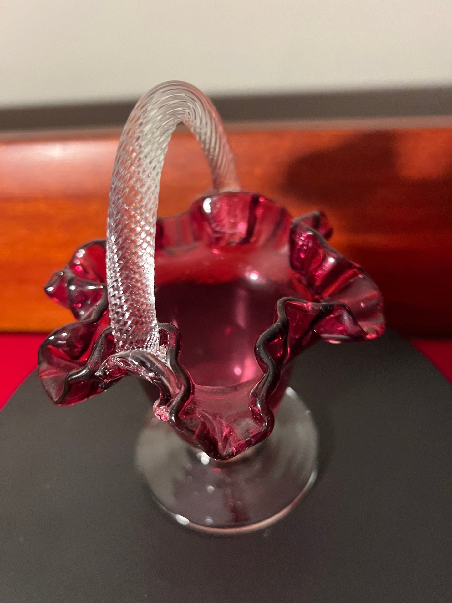Vintage Fenton Cranberry Glass Ruffled Basket with Handle