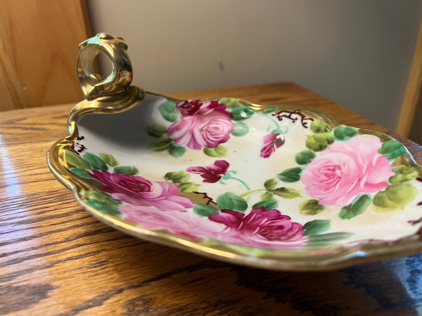 Vintage Nippon Porcelain Dresser Dish: Hand Painted Roses, Gold Handle