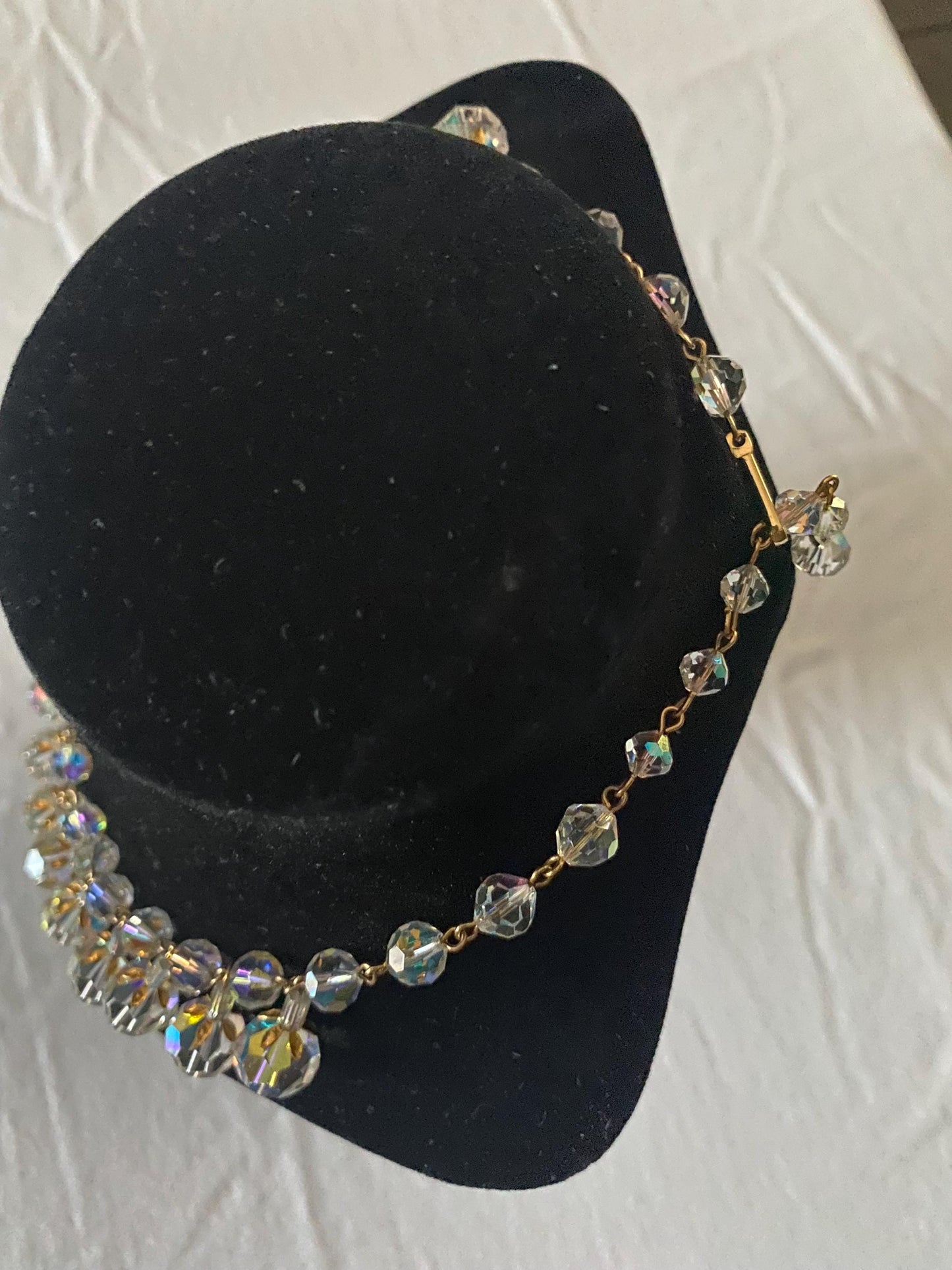 Vintage Aurora Borealis Style Crystals & Gold Necklace Fringe Jewelry Lover Antiques and Vintage