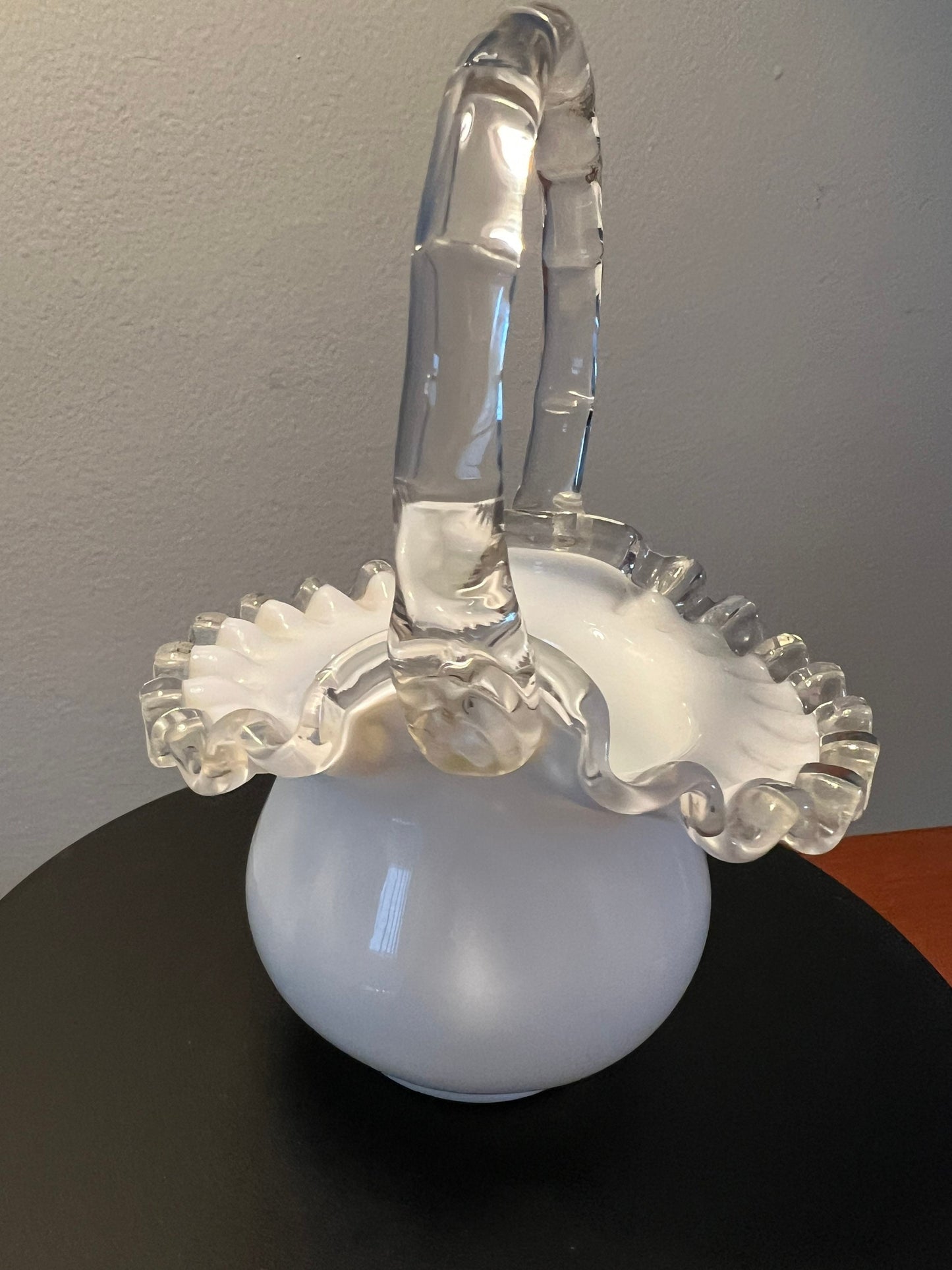 Vintage Fenton Silvercrest Basket Vase: White Ruffled Edge Art Glass