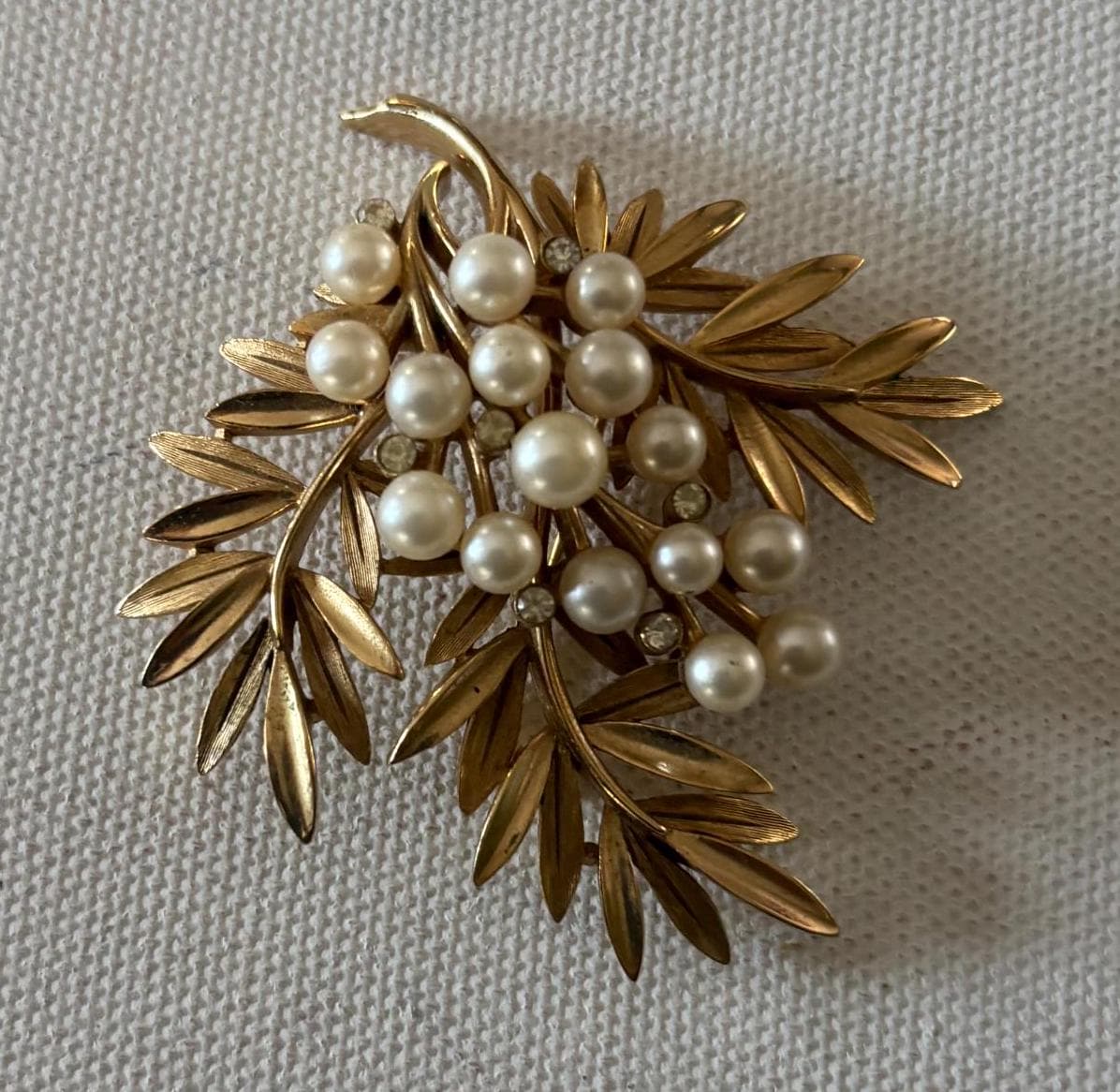 Vintage Crown Trifari Leaf Faux Pearl Brooch Gold Tone Pin Coat Pin Lover Antiques and Vintage