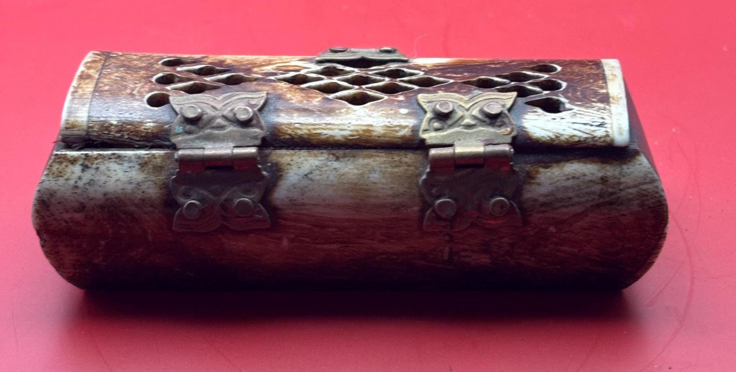 Vintage Camel Bone and Brass Trinket Box with Owl Hinges