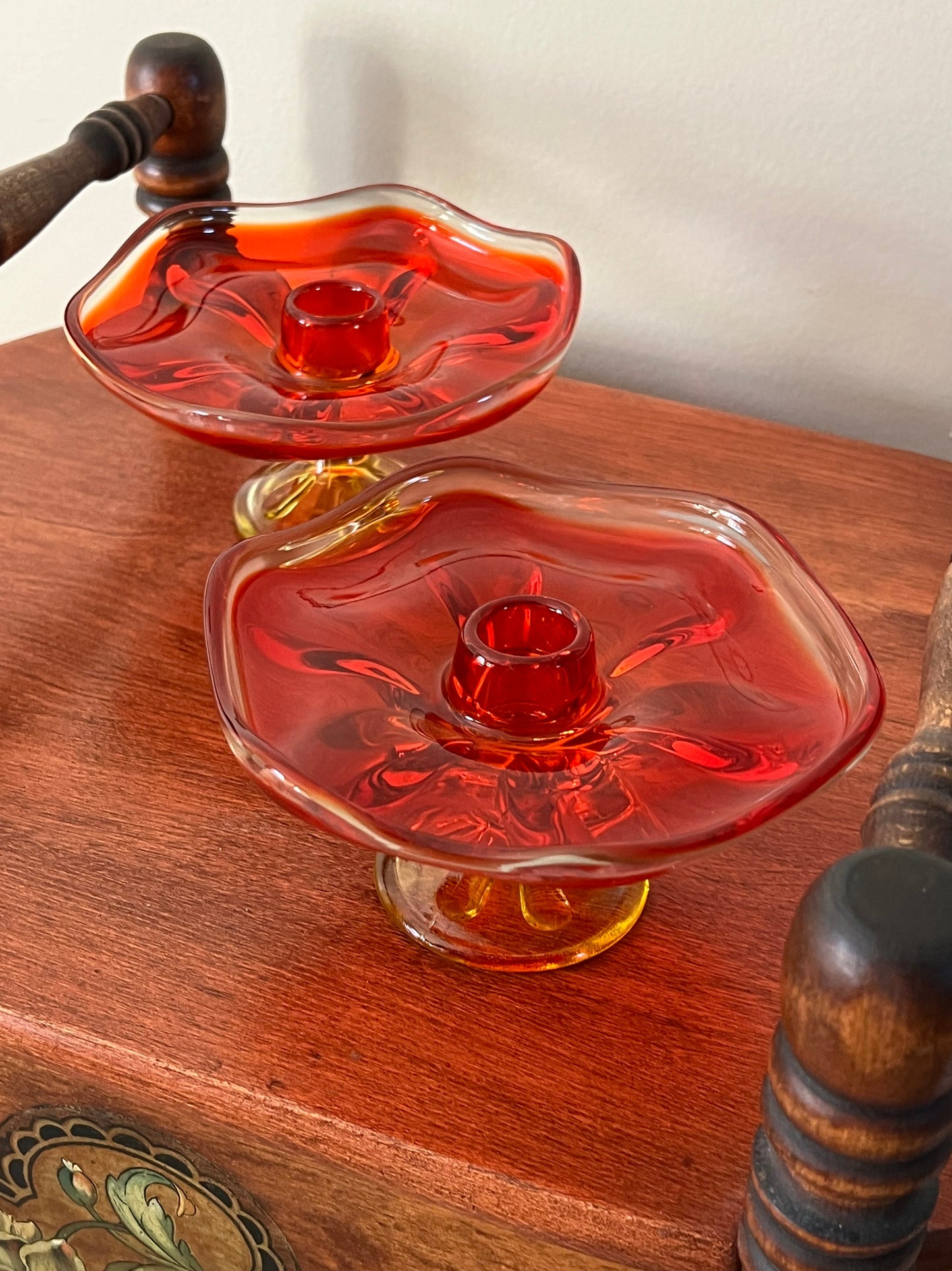 Vintage Viking Persimmon 6 Petal Amberina Pair of Candle Holders Pedestal Candlestick Holders Dish Lover Antiques and Vintage