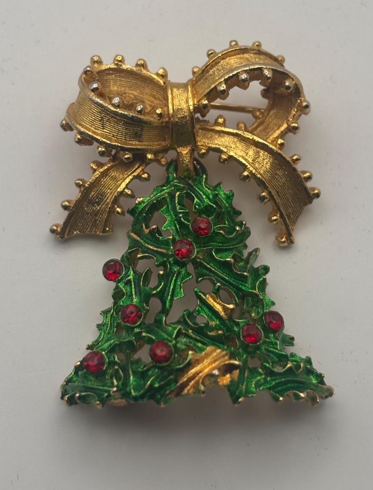 MYLU Christmas Bell Tree Brooch, Enamel Colorful Holiday Pin, Red Rhinestone Holiday Jewelry