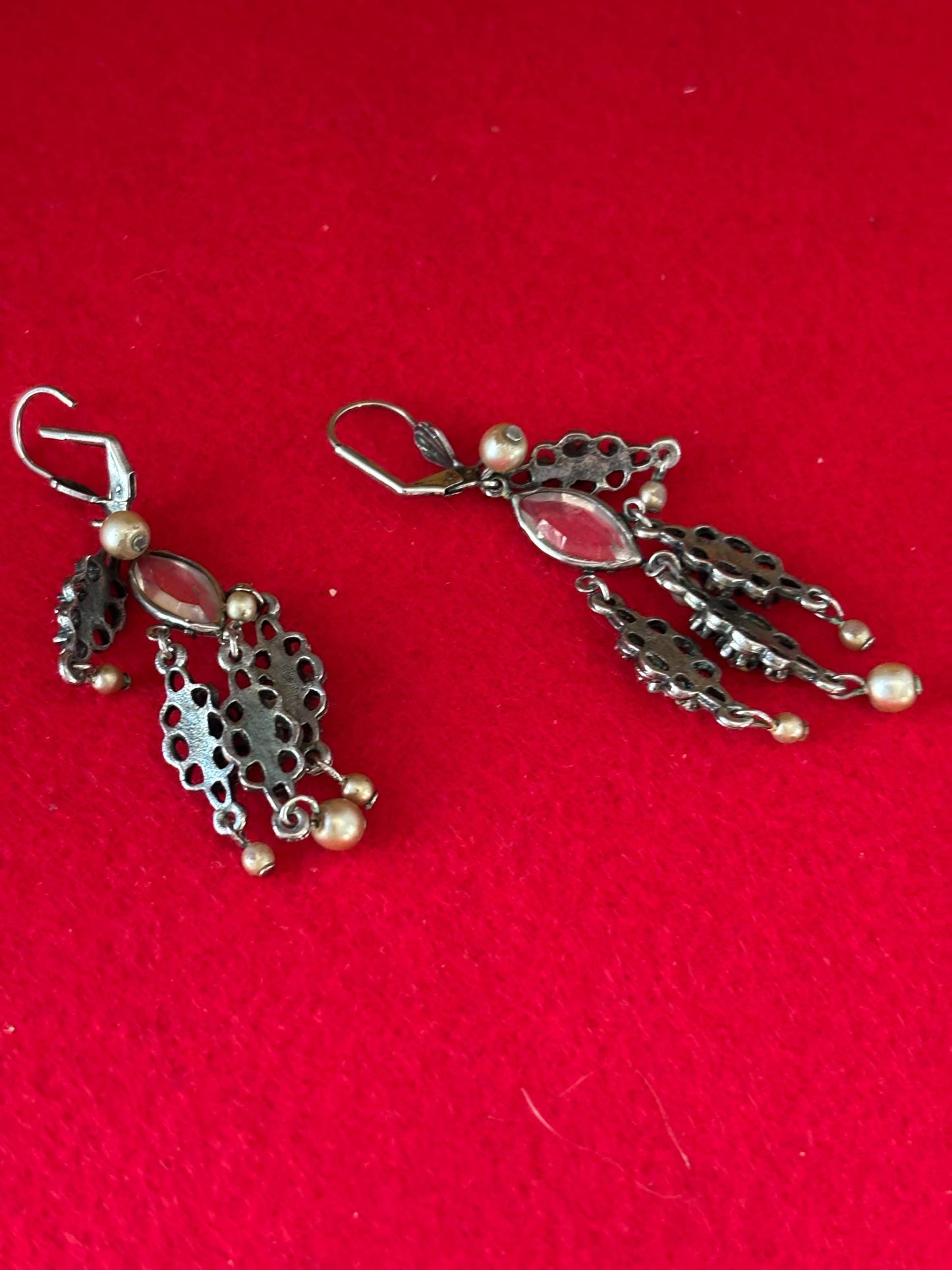 Vintage Crystal Rhinestones Pearls Chandelier Earrings Lever Back Closure Elegant Jewelry