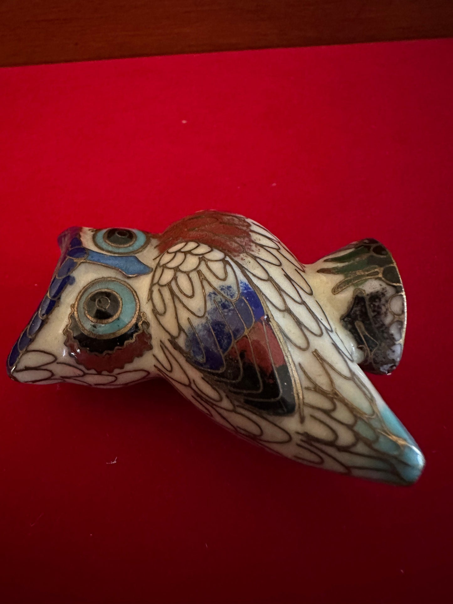 Vintage Cloisonné Enamel Owl Figurine: Cobalt Blue Brass Statue