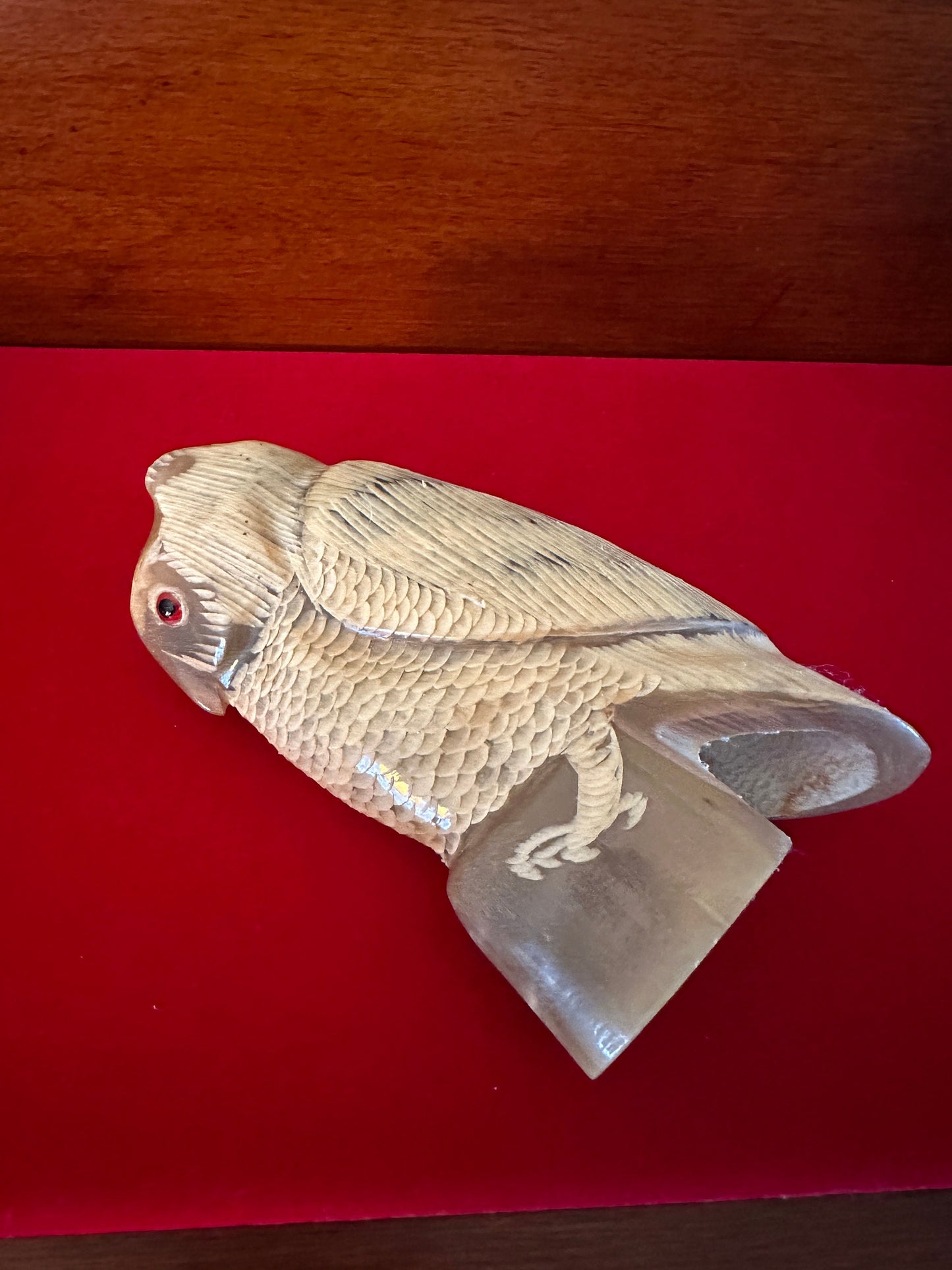 Vintage Hand Carved Horn Owl Figurine: Painted Owl Sculpture