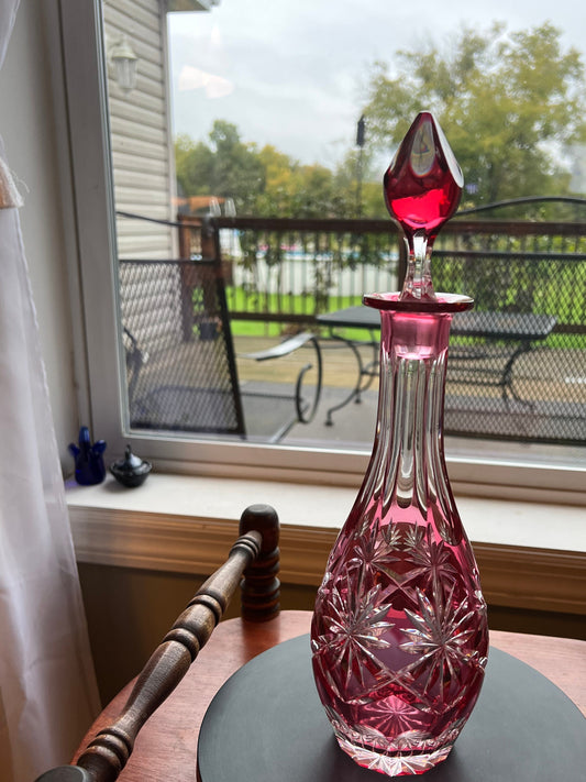 Vintage AJKA Bohemian Pink Cut Crystal Decanter with Stopper