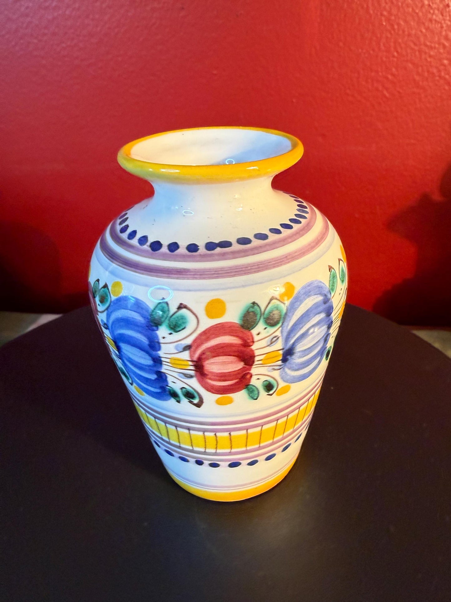 Vintage Modra Slovak Folk Art Mini Vase: Hand-Painted Majolika Pottery, 3 Inch Cream Yellow Blue
