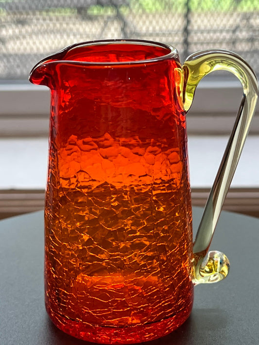 Vintage Crackle Amber Art Glass  Colored Pitcher with handle orange and yellow