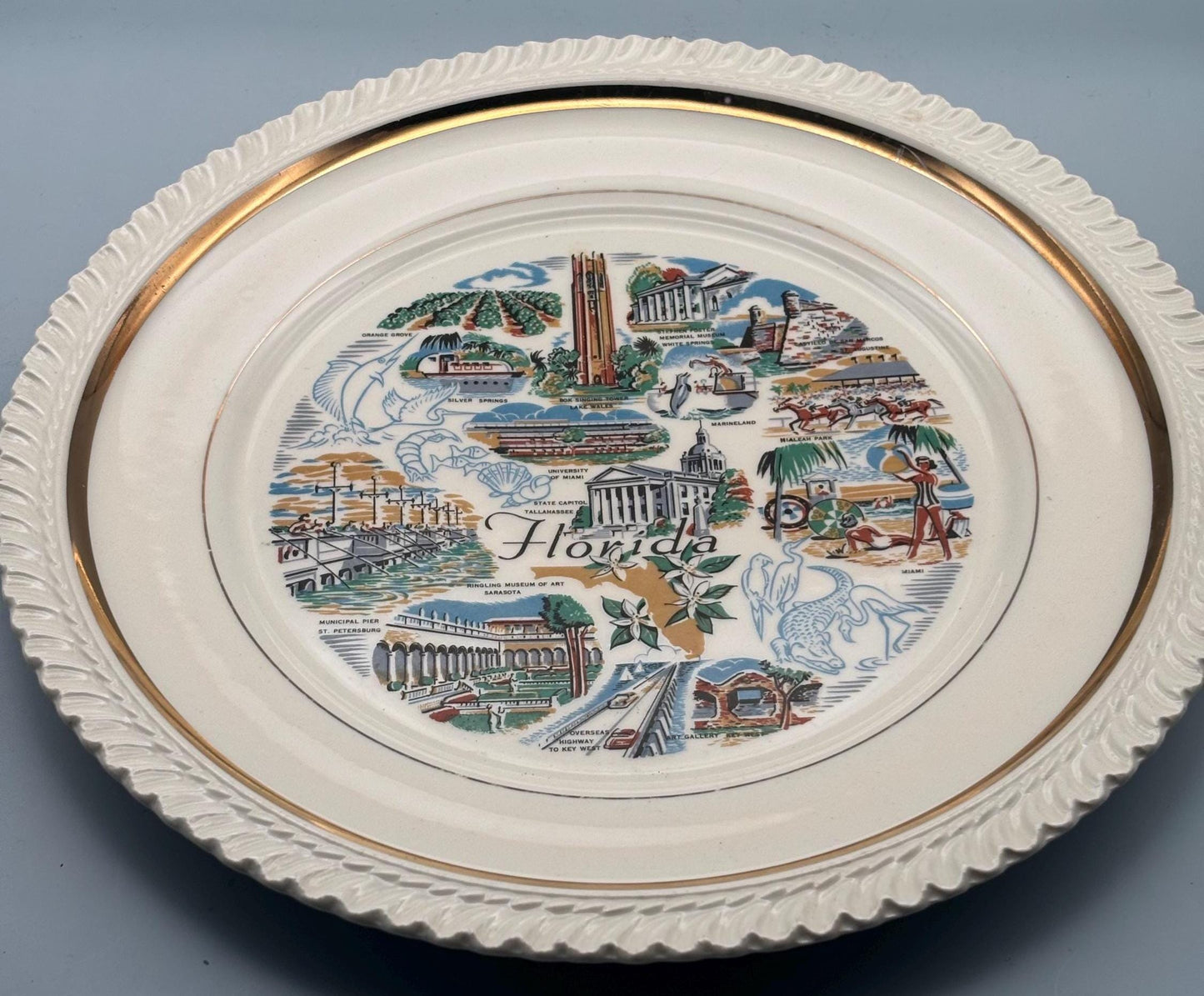 Florida Souvenir 10" Large Plate, Mid Century Florida Landmarks, Ruffled Gold Edge, Lover Antiques and Vintage