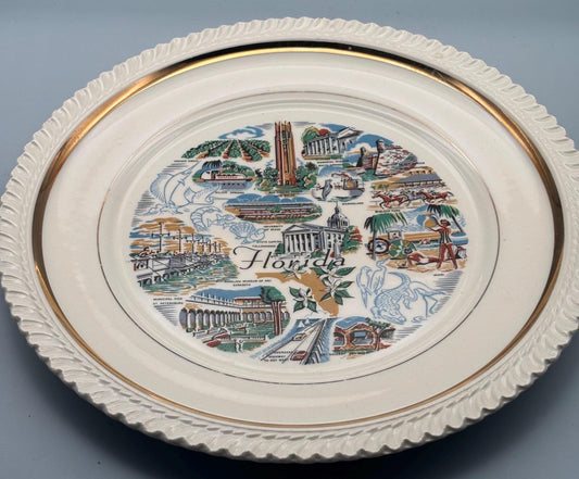 Florida Souvenir 10" Large Plate, Mid Century Florida Landmarks, Ruffled Gold Edge, Lover Antiques and Vintage