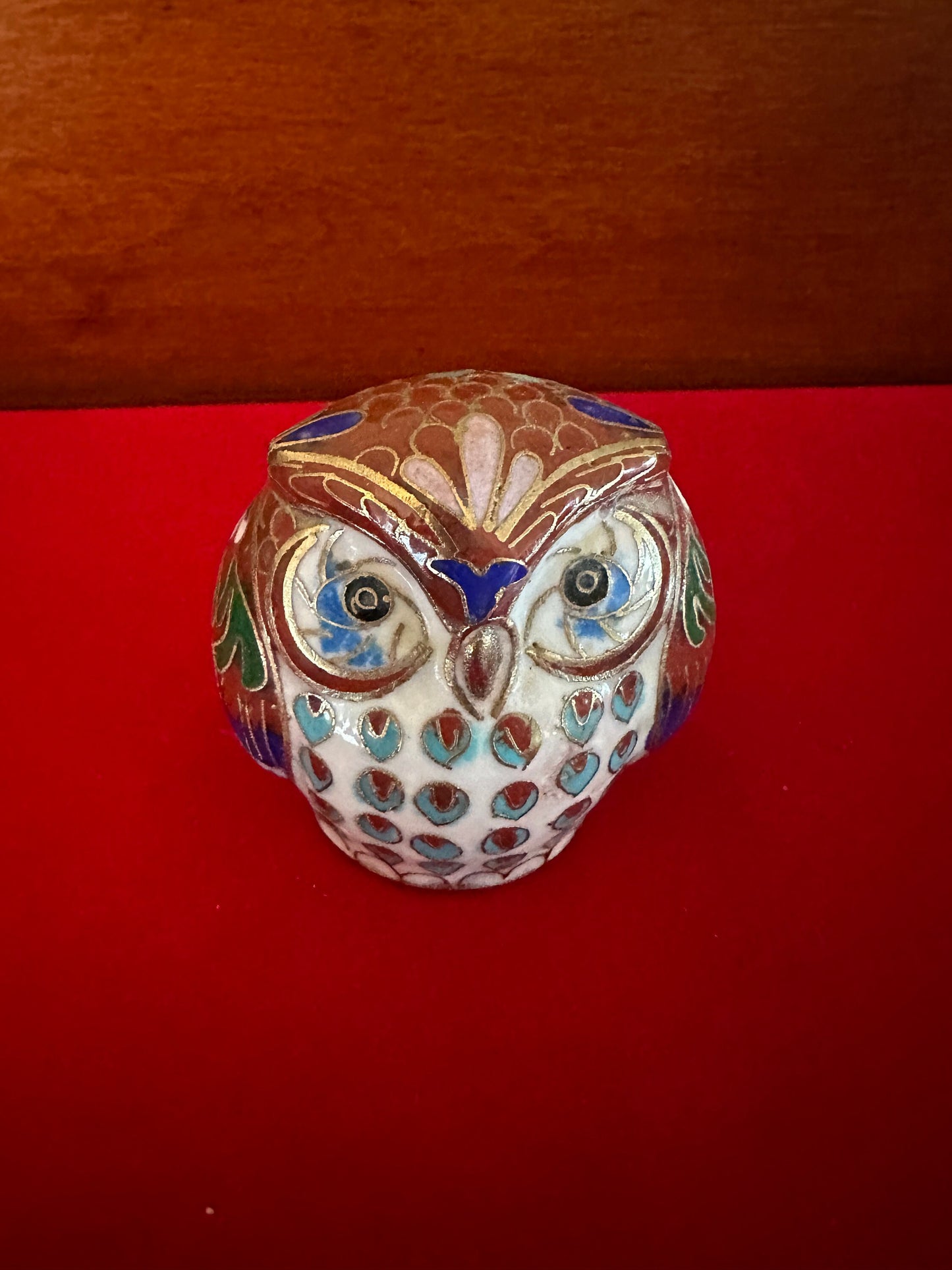 Vintage Cloisonné Enamel Owl Figurine: Cobalt Blue & Brass Base