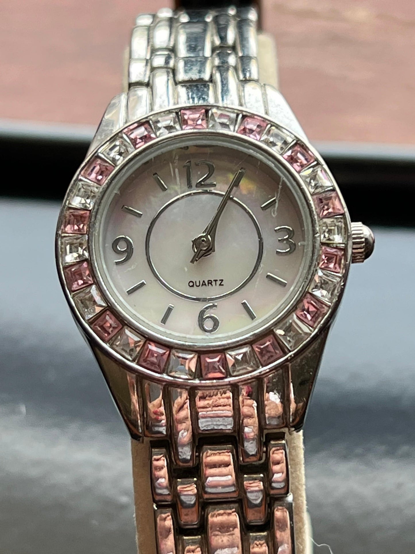 Vintage Pink Clear Rhinestone Quartz Bezel Watch Girl Gift Pretty Things Lover Antiques and Vintage