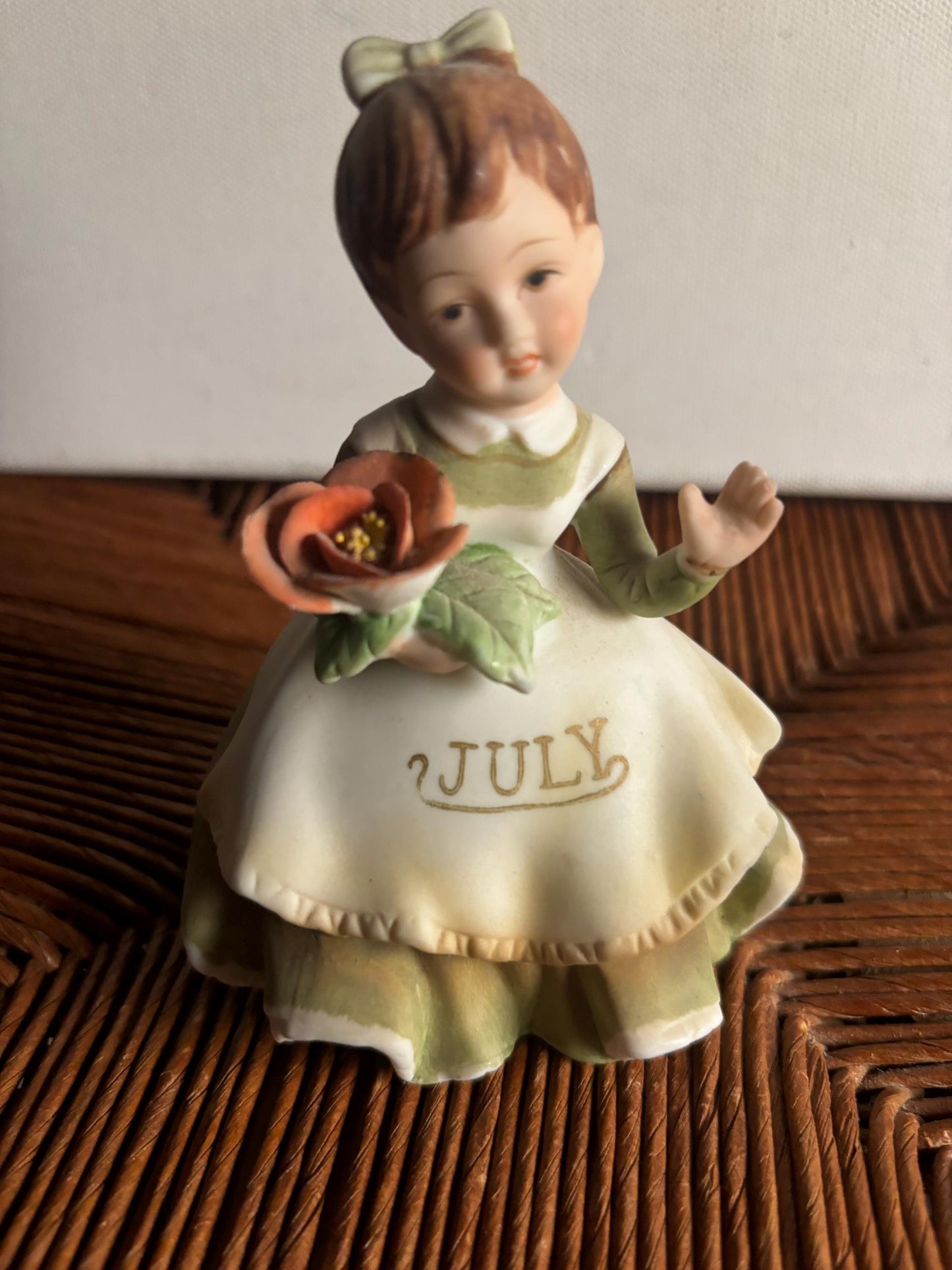 Vintage Lefton July Birthday Girl Porcelain Figurine Carrying A Red Rose Hand Painted Figure Japanese KW 4200 Lover Antiques