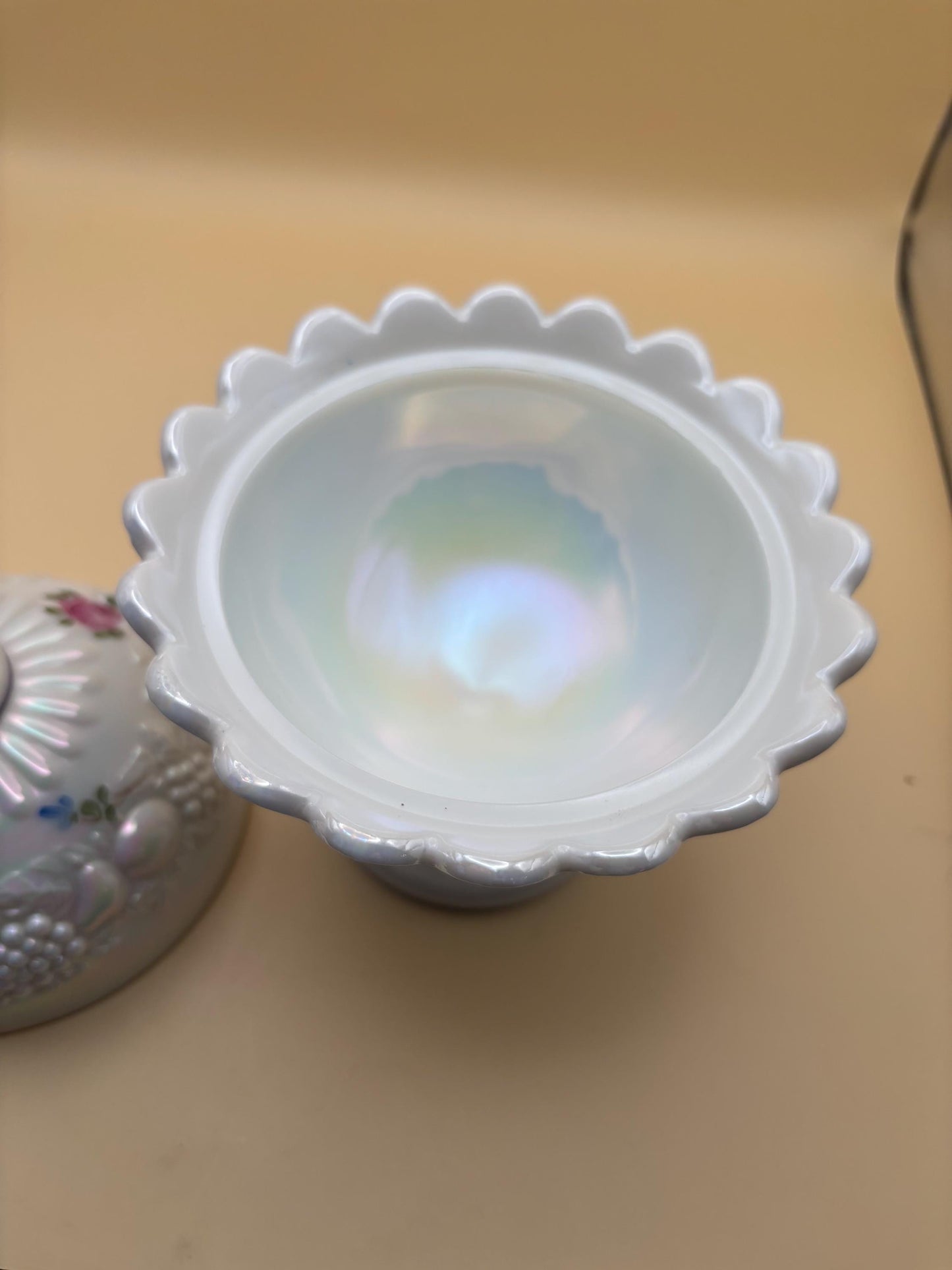 Vintage Westmoreland Iridescent Lidded Compote Candy Dish Grapevine Pattern with Hand Painted Roses Design Lover Antiques and Vintage