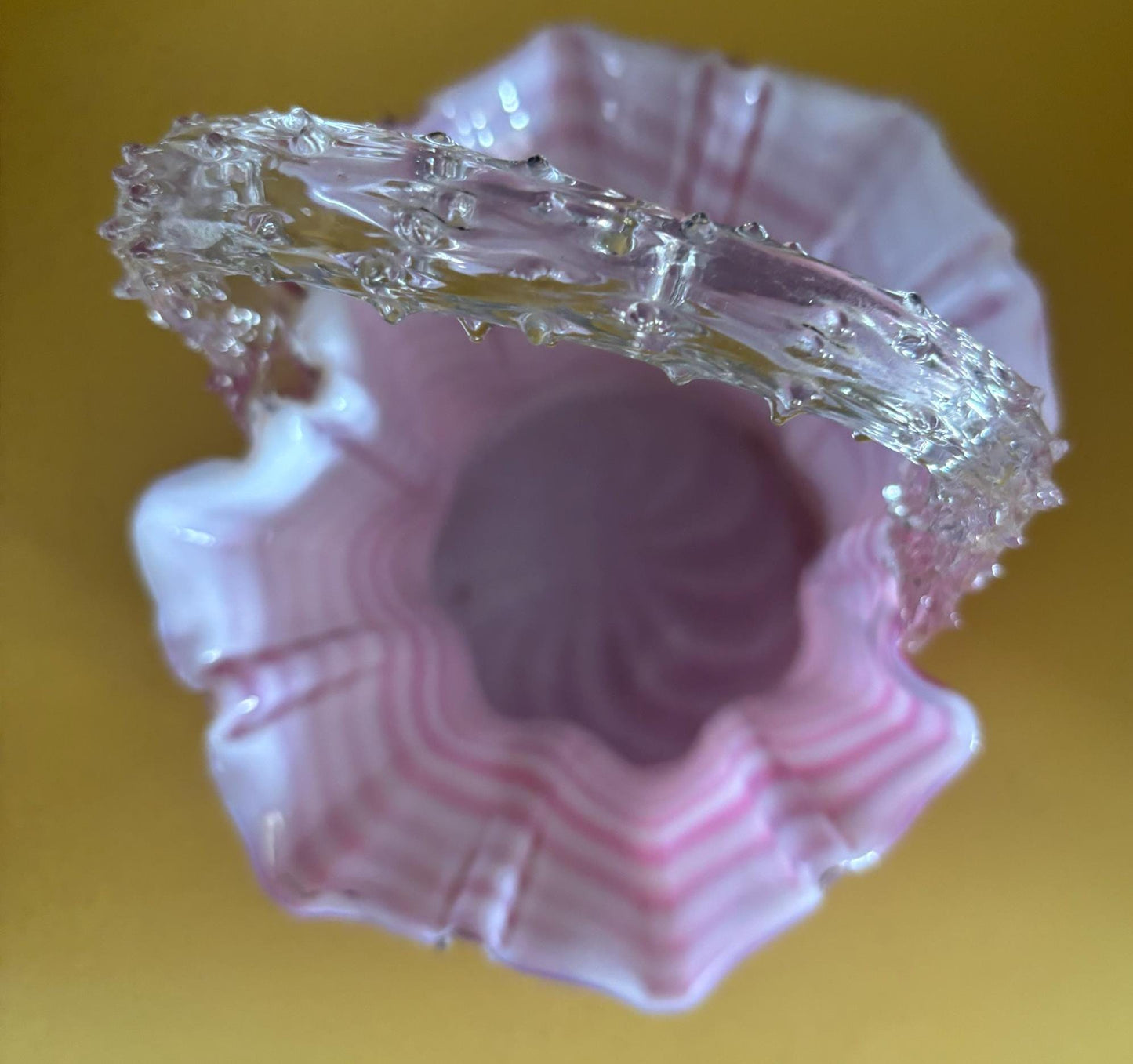 Antique Stevens & Williams Peppermint Pink Swirl Cased Glass Basket Thorn Handle Lover Antiques and Vintage