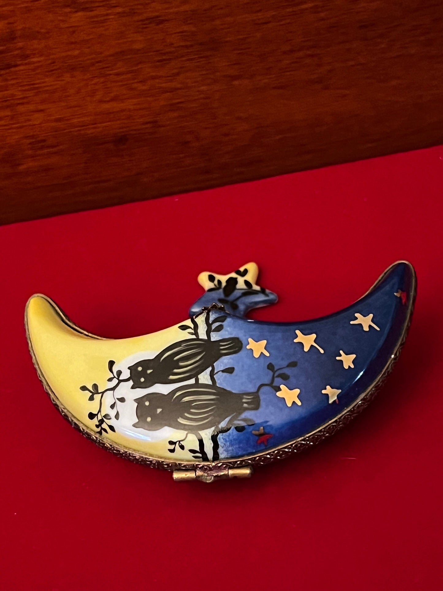 Vintage Limoges Porcelain Trinket Box: Moon with Owls & Star