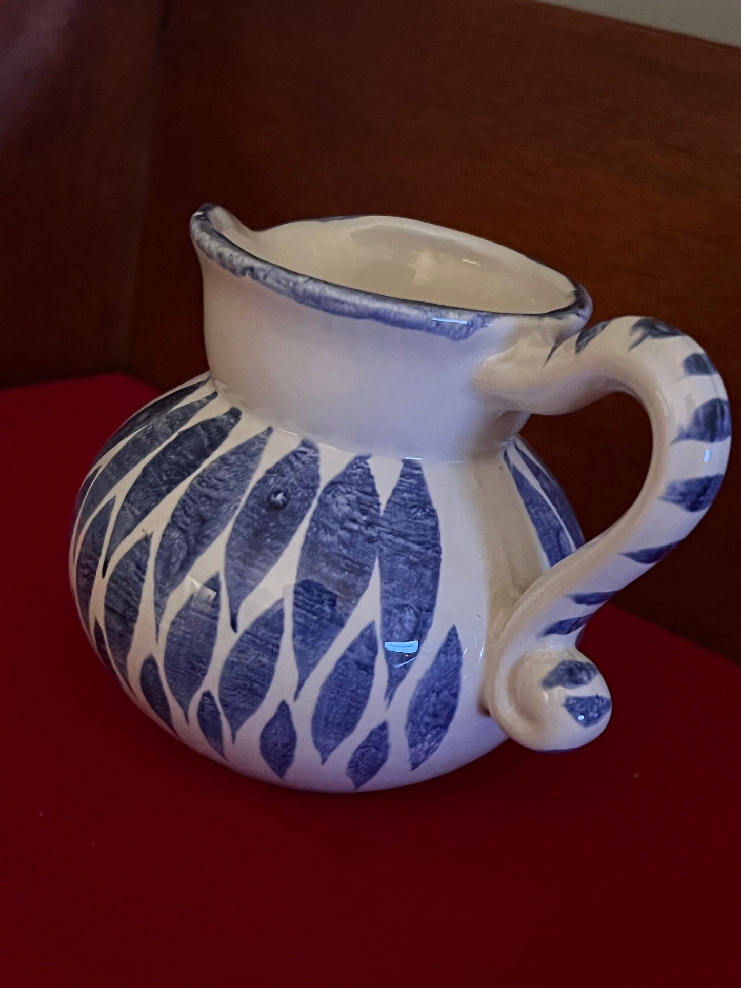 Ceramic Mini Pitcher with Blue Lattice Design, Mid Century Polka Dot Jug, Home Decor, Gift for Her